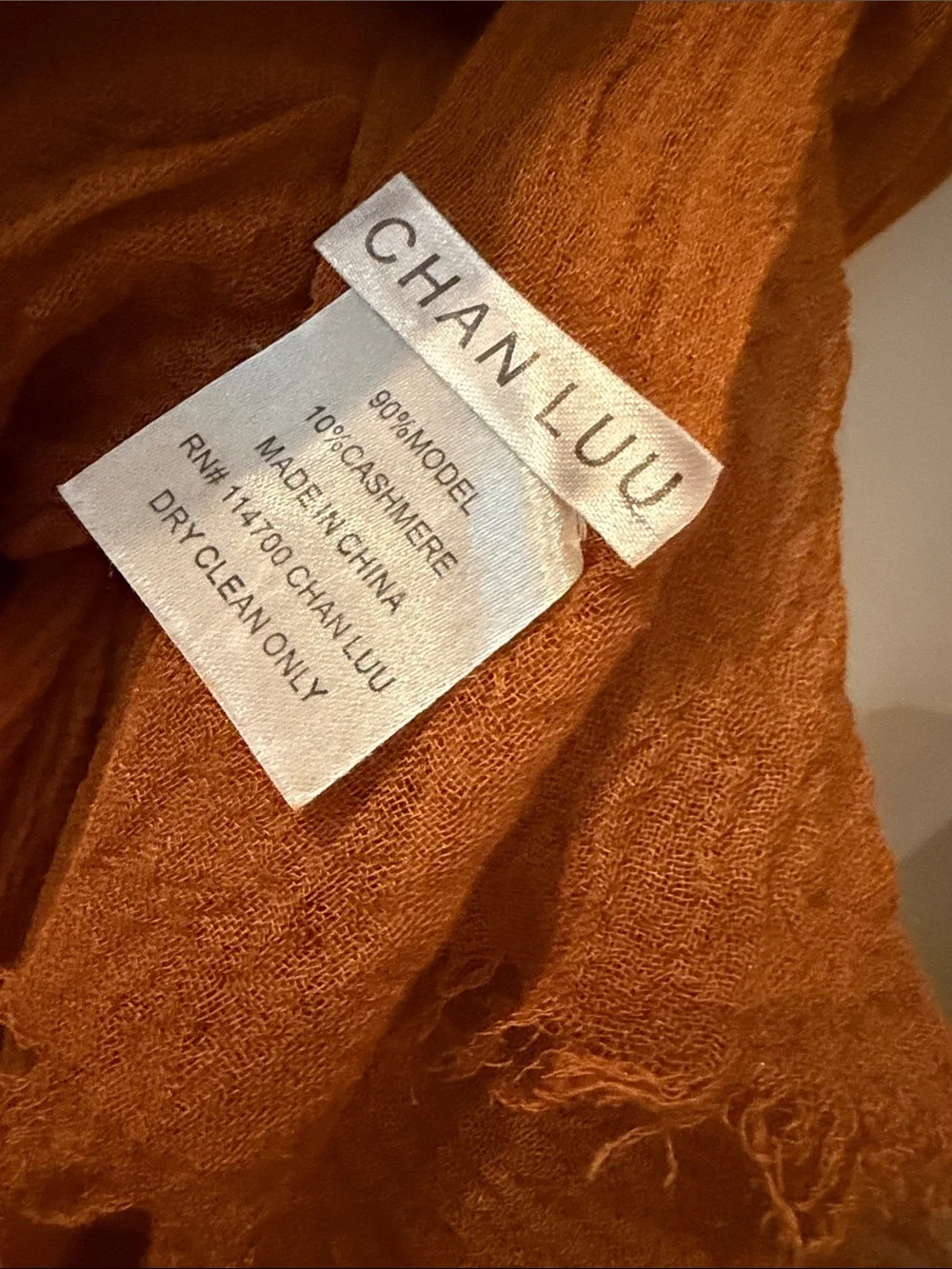 CHAN LUU Camel Rust Terracotta Cashmere Silk Blend Fringe Scarf Wrap